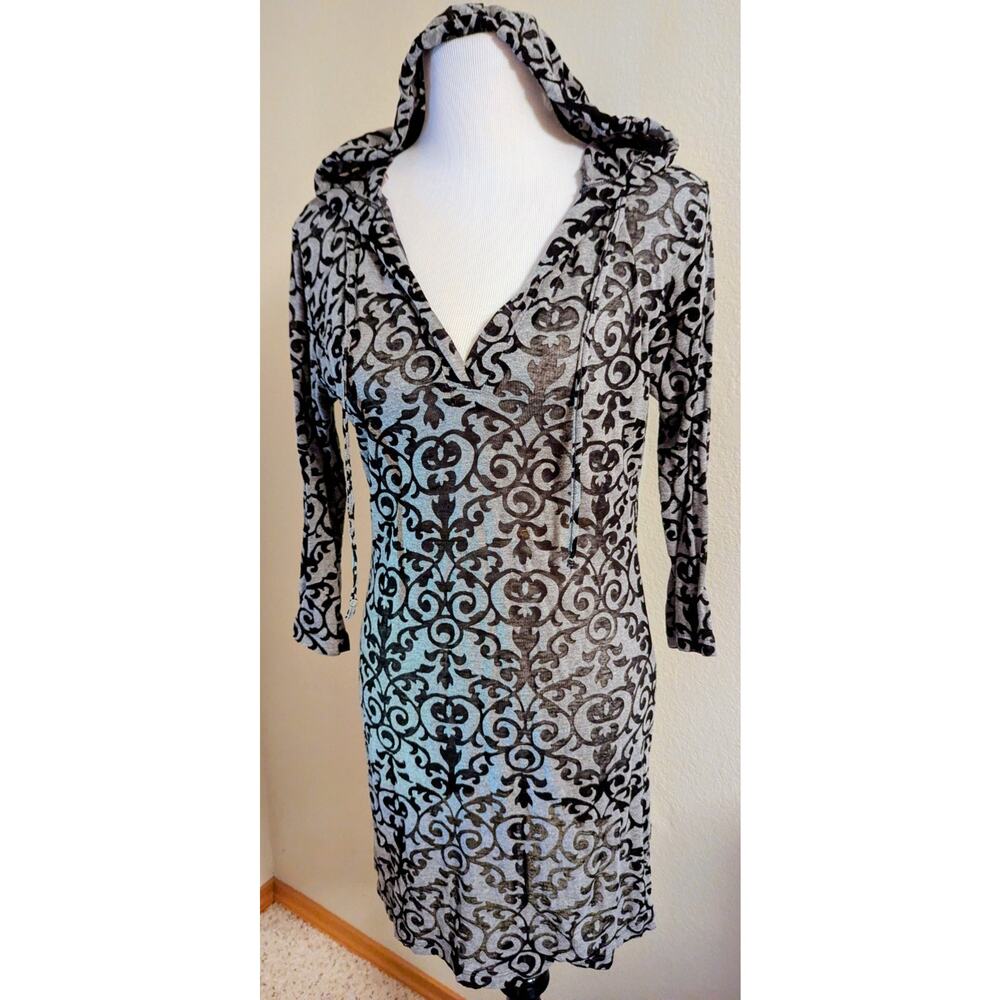The Balance Collection Gray Black Damask Hooded Tunic Top Size S Boho Stretch